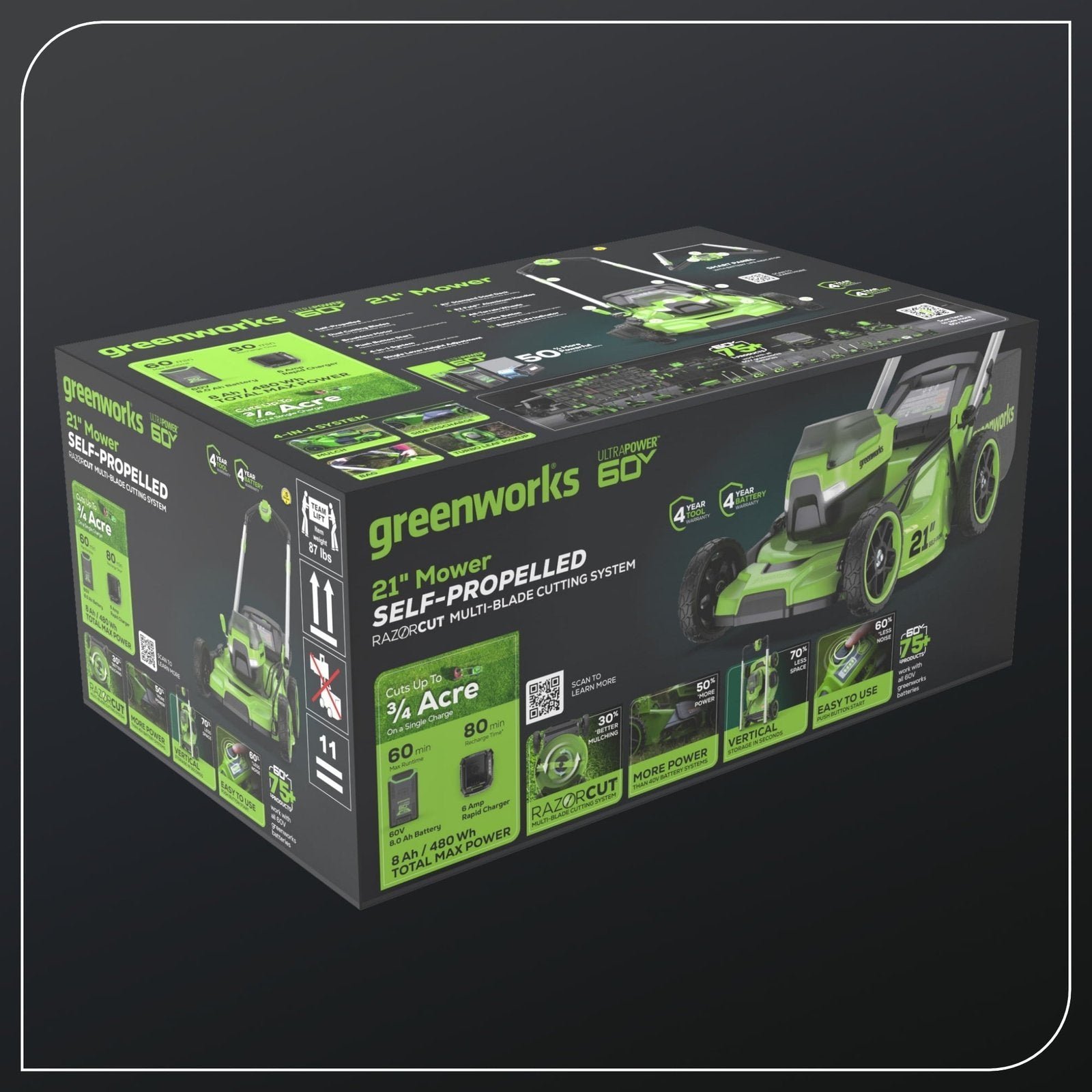 Greenworks 60V 21″ Self Propelled Lawn Mower with (1) 8.0 Ah Battery & Rapid Charger 2546402