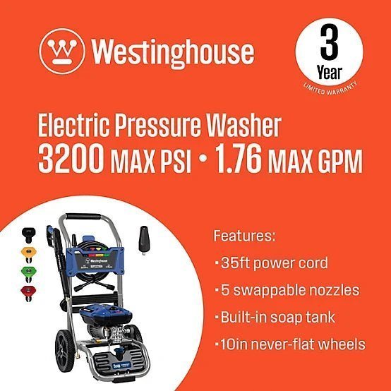 Westinghouse 3,200 PSI 1.76 GPM Electric Cold Water Pressure Washer with 5 Nozzles and Soap Tank