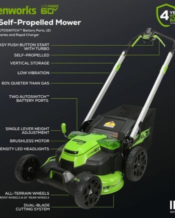 Greenworks 60V 25" Cordless Brushless Self-Propelled Mower + Two (2) 4.0Ah Batteries & Dual Port Charger