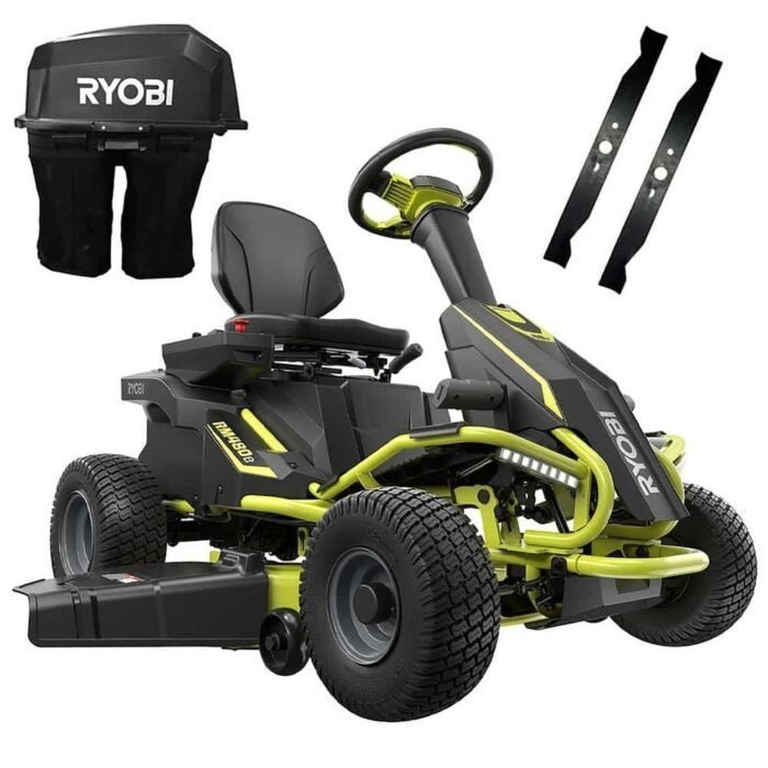 RYOBI 38 in. 100Ah Battery Rear Engine Electric Riding Lawn Mower and Bagging Kit