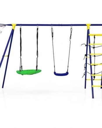 Ultimate 5-In-1 Outdoor Kids Swing Set with Sturdy A-Frame Metal Construction and Secure Ground Stakes