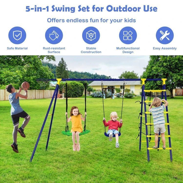 Ultimate 5-In-1 Outdoor Kids Swing Set with Sturdy A-Frame Metal Construction and Secure Ground Stakes