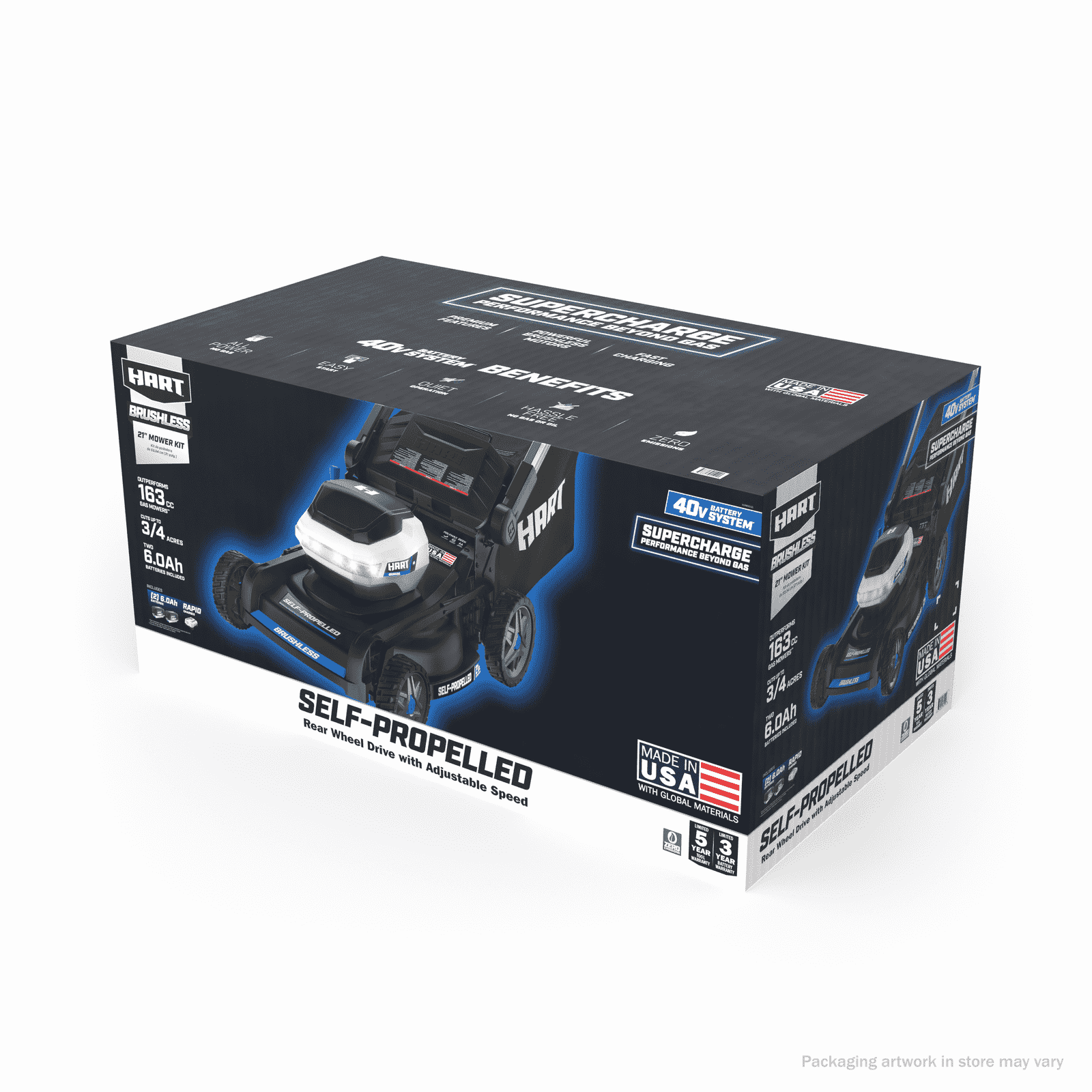 HART 40-Volt 21-inch Supercharge 3-in-1 Self-Propelled Mower Kit, (2) 6.0Ah Lithium-Ion Batteries