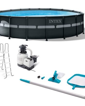 Intex Ultra XTR Frame 18′ x 52″ Above Ground Swimming Pool with Sand Filter Pump, Ladder, Cover, & Maintenance Accessory Kit with Vacuum and Skimmer
