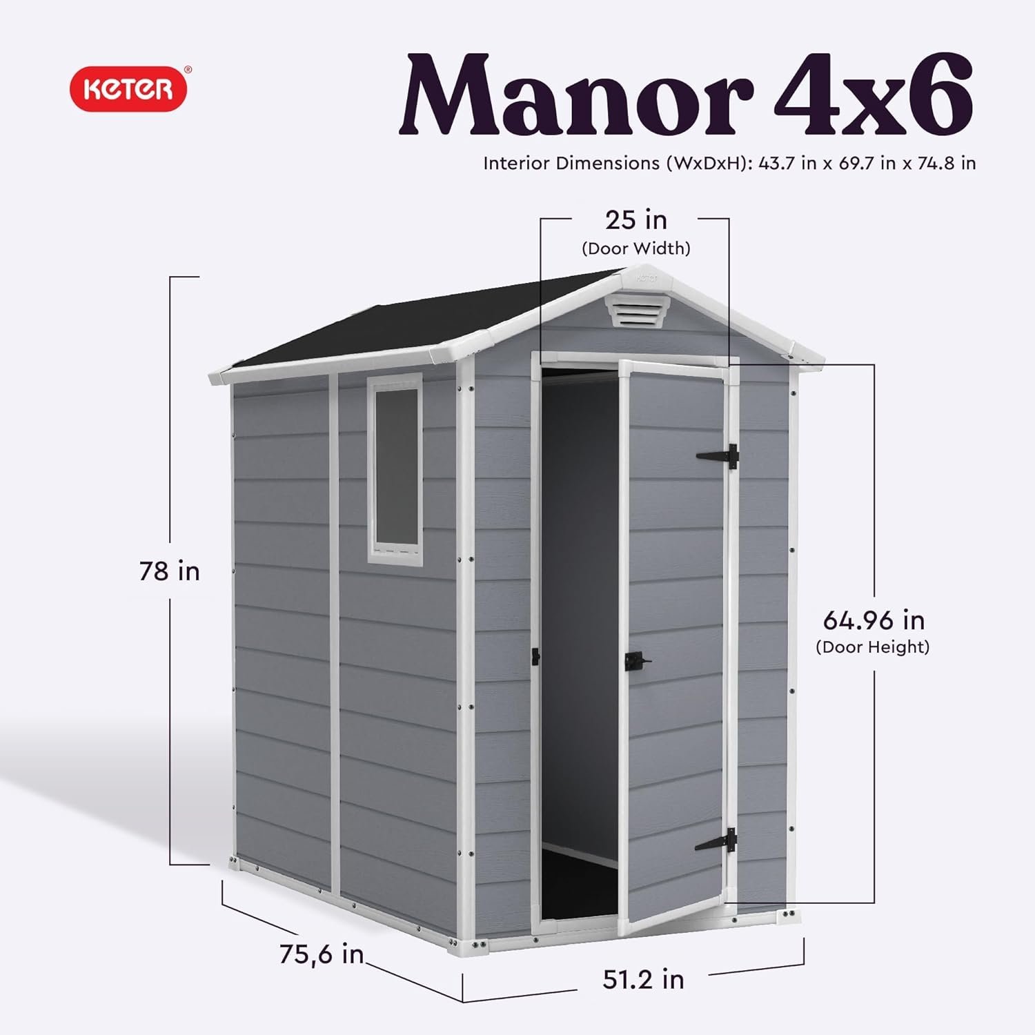 Keter Manor 4x6 Resin Outdoor Storage Shed Kit-Perfect to Store Patio Furniture, Garden Tools Bike Accessories, Beach Chairs and Lawn Mower, Grey & White