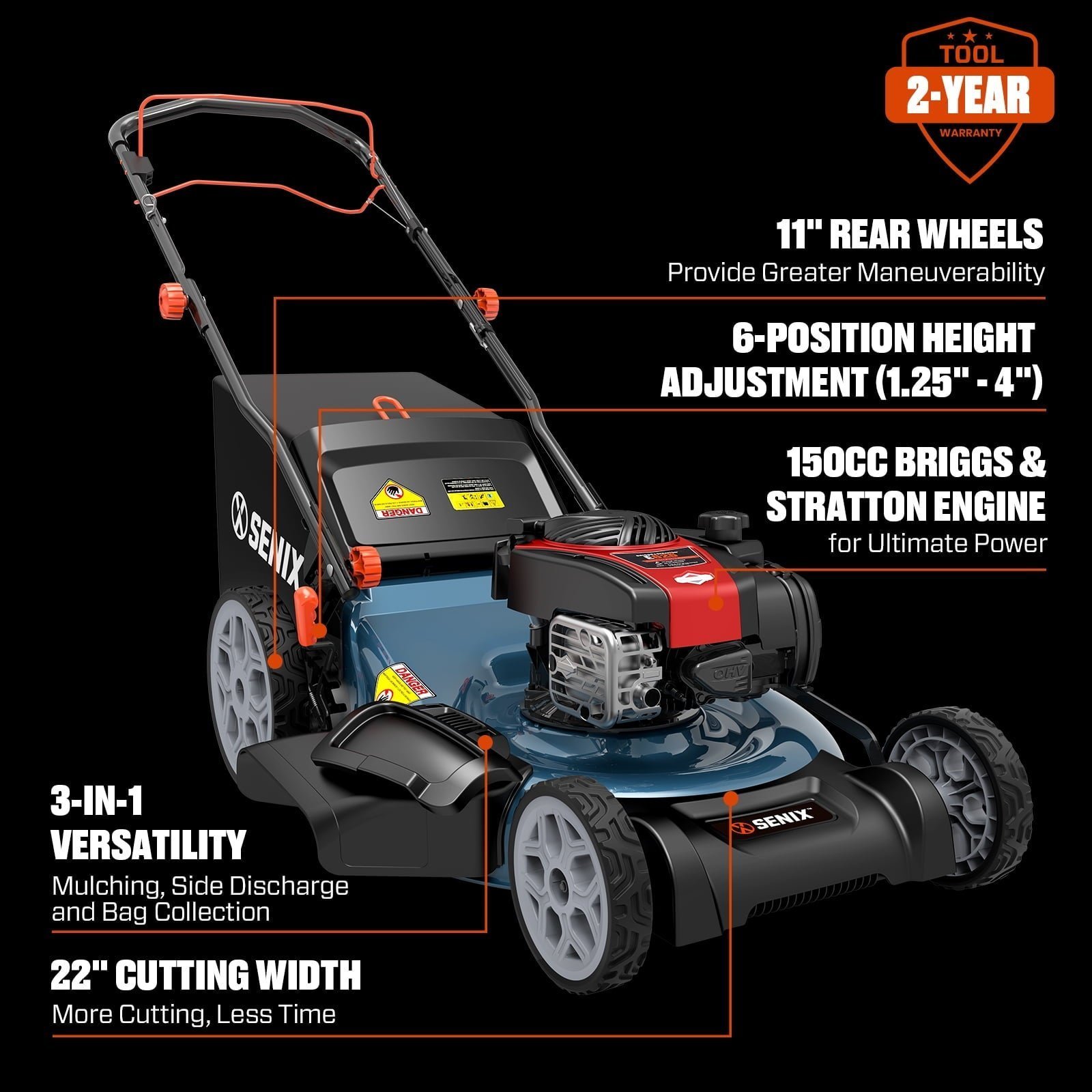SENIX Self-Propelled Gas Lawn Mower, 22in Cutting Blade / 23in Cutting Deck, 150 cc 4-Cycle Made in Briggs & Stratton Engine , 3-In-1, 6-Position Adjustment, 11in Rear Wheels, LSSG-H3