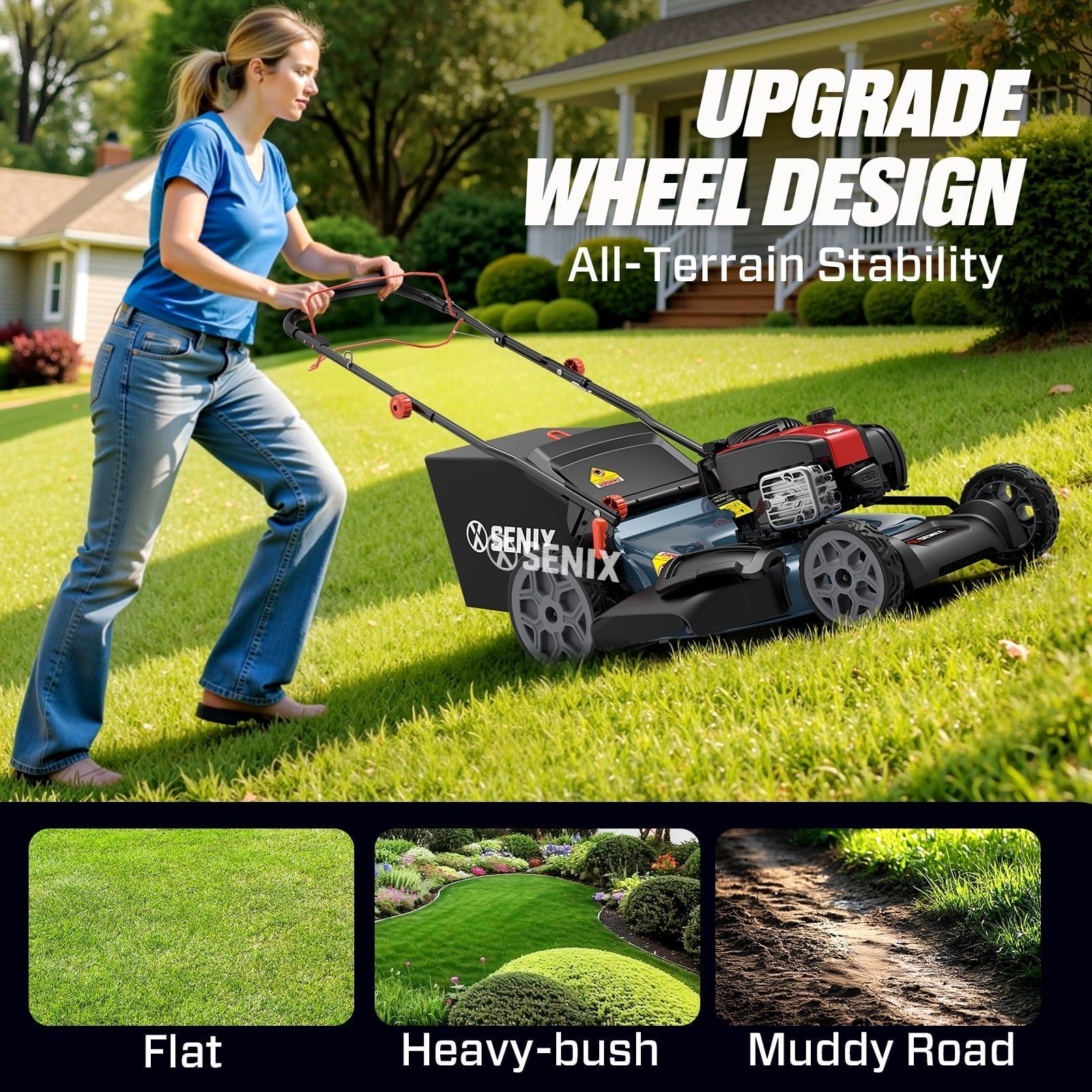 SENIX Self-Propelled Gas Lawn Mower, 22in Cutting Blade / 23in Cutting Deck, 150 cc 4-Cycle Made in Briggs & Stratton Engine , 3-In-1, 6-Position Adjustment, 11in Rear Wheels, LSSG-H3