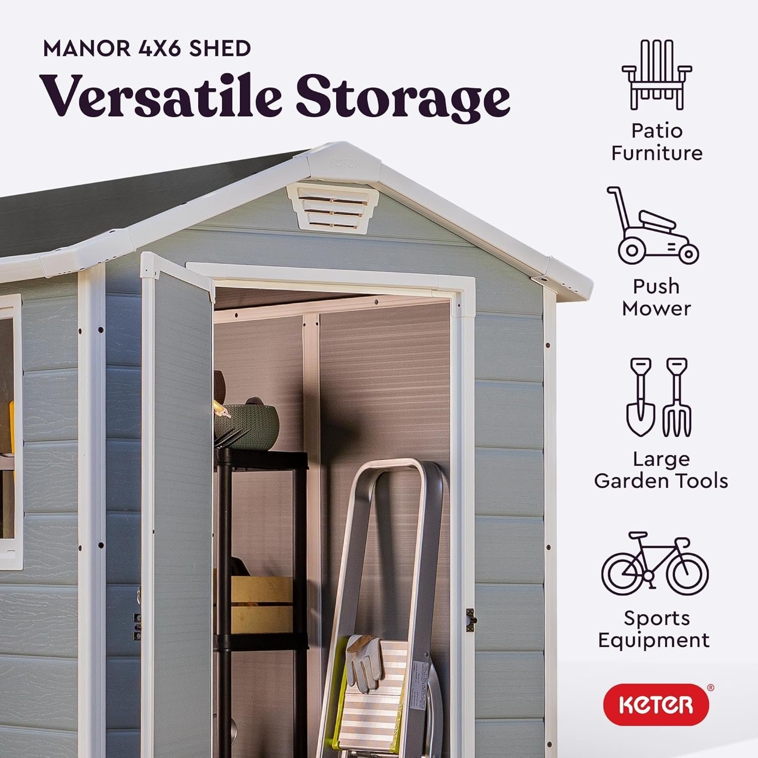 Keter Manor 4x6 Resin Outdoor Storage Shed Kit-Perfect to Store Patio Furniture, Garden Tools Bike Accessories, Beach Chairs and Lawn Mower, Grey & White