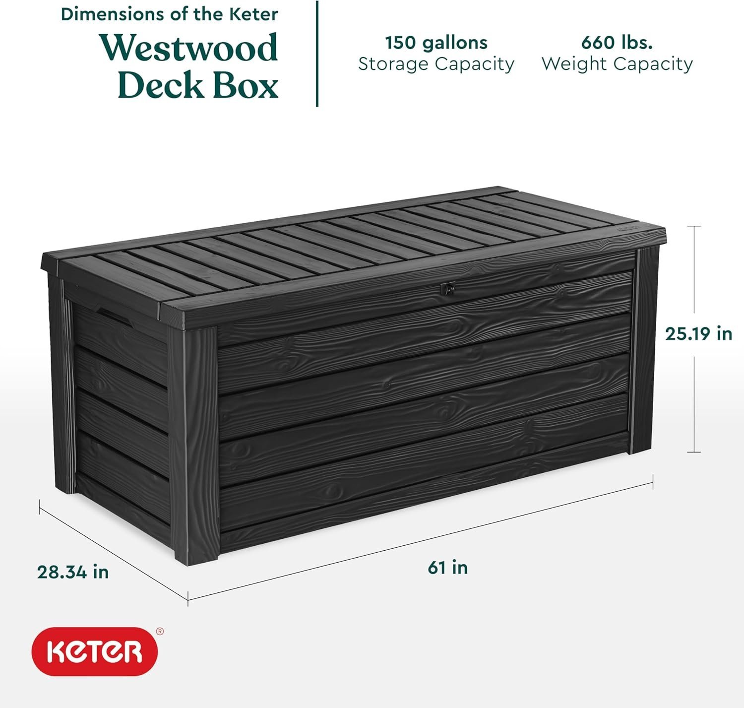 Keter Westwood 150-Gallon Resin Outdoor Storage Box | Weather-Resistant Deck Bin for Patio Cushions, Garden Tools & Pool Accessories – Dark Grey