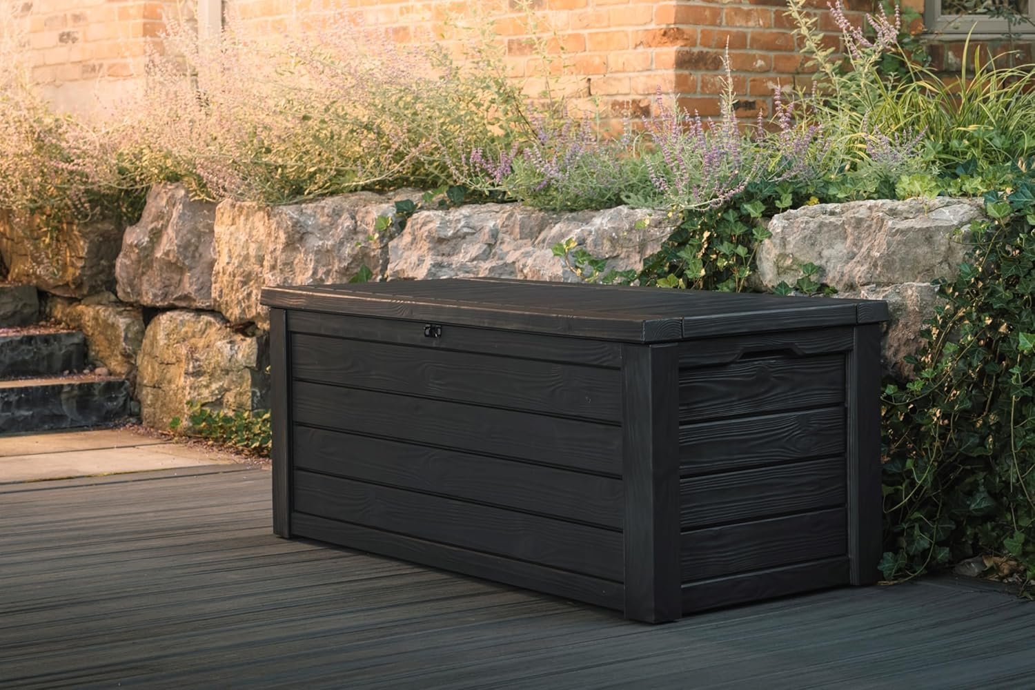 Keter Westwood 150-Gallon Resin Outdoor Storage Box | Weather-Resistant Deck Bin for Patio Cushions, Garden Tools & Pool Accessories – Dark Grey