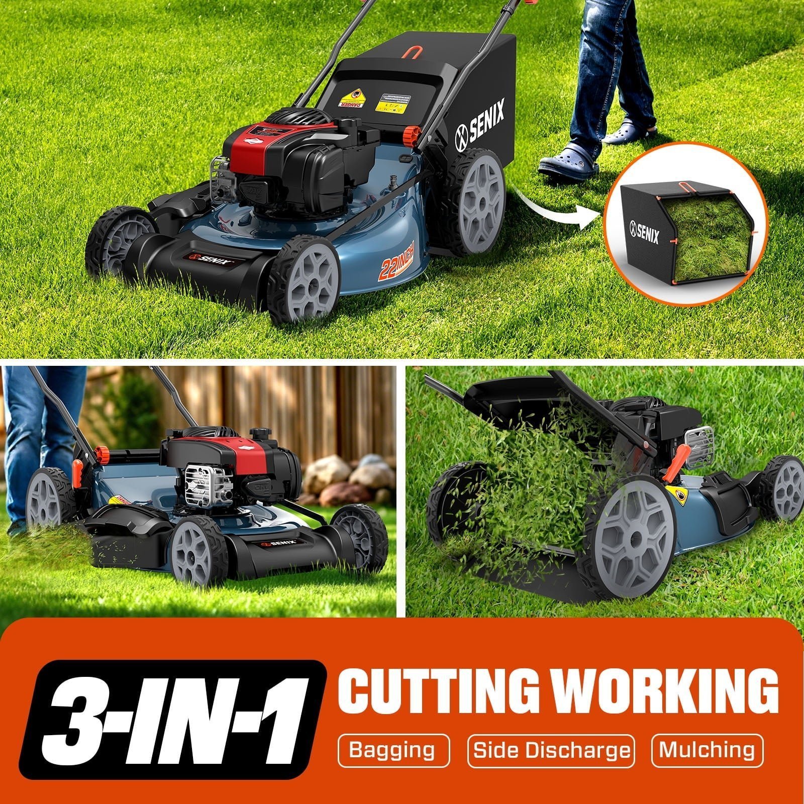SENIX Self-Propelled Gas Lawn Mower, 22in Cutting Blade / 23in Cutting Deck, 150 cc 4-Cycle Made in Briggs & Stratton Engine , 3-In-1, 6-Position Adjustment, 11in Rear Wheels, LSSG-H3