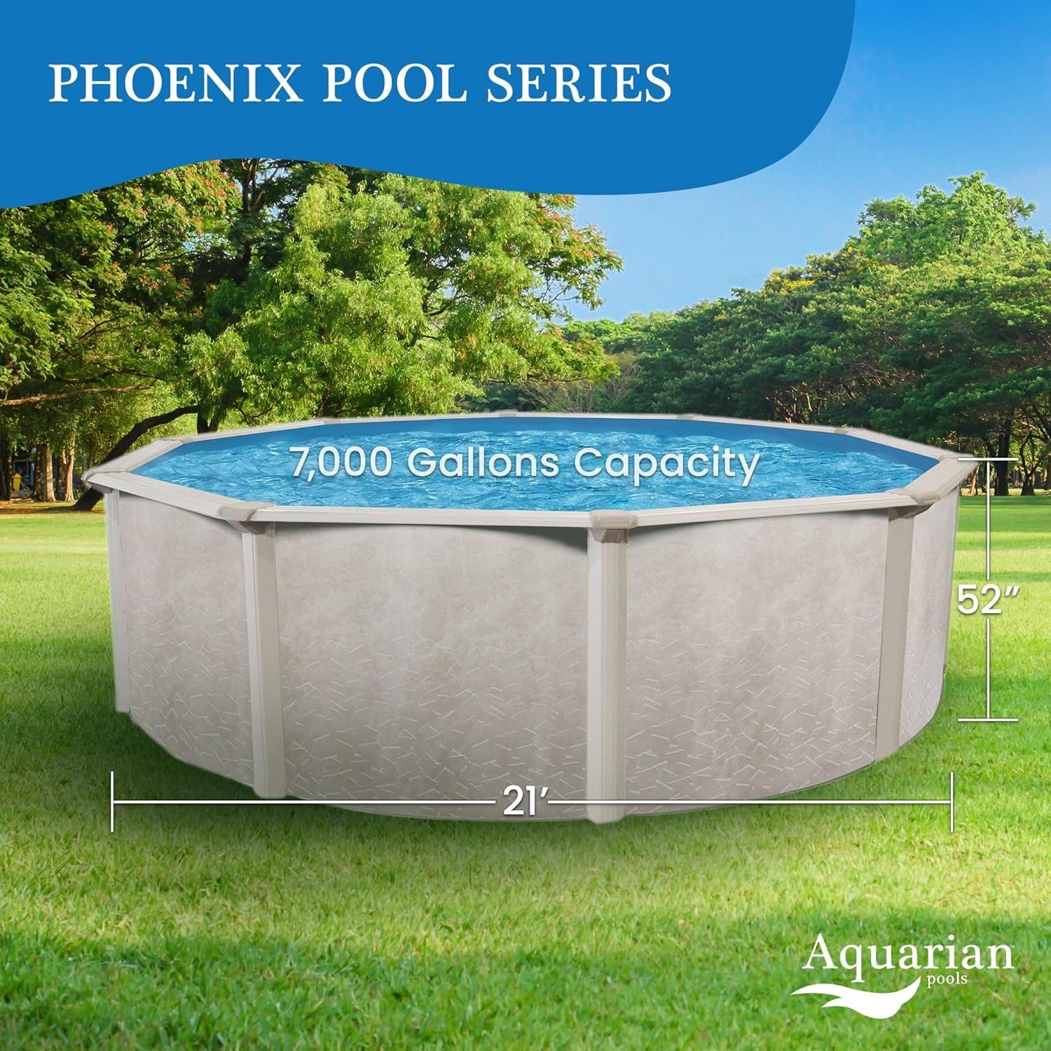 Aquarian 21ft x 52in Round Steel-Frame Above Ground Swimming Pool – Phoenix Series, DIY Outdoor Backyard Pool