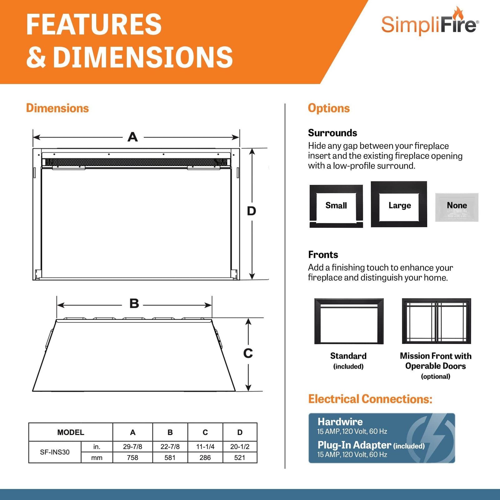 SimpliFire 30-In Electric Fireplace Insert with LED Flame and Multi-Color Ember Bed