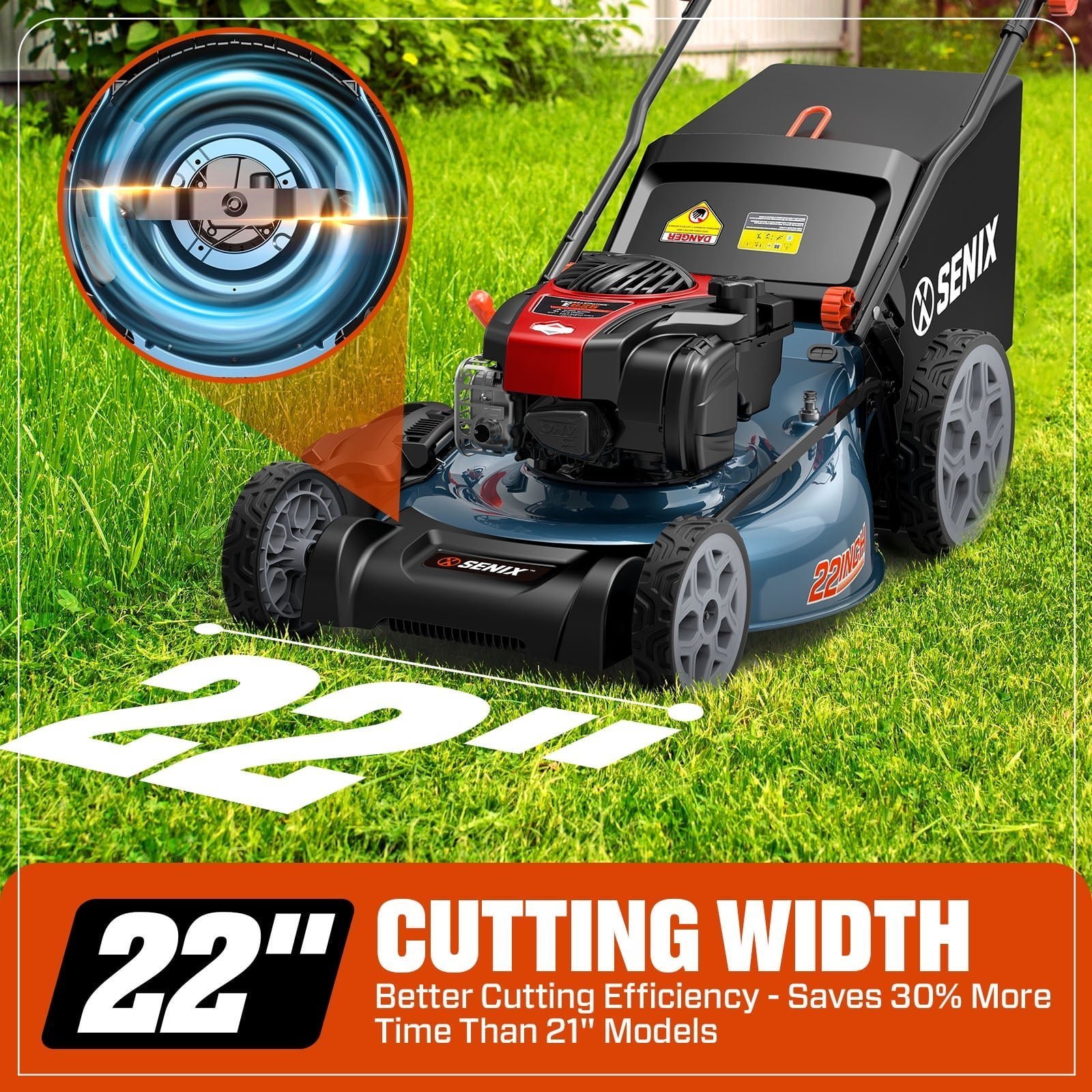 SENIX Self-Propelled Gas Lawn Mower, 22in Cutting Blade / 23in Cutting Deck, 150 cc 4-Cycle Made in Briggs & Stratton Engine , 3-In-1, 6-Position Adjustment, 11in Rear Wheels, LSSG-H3