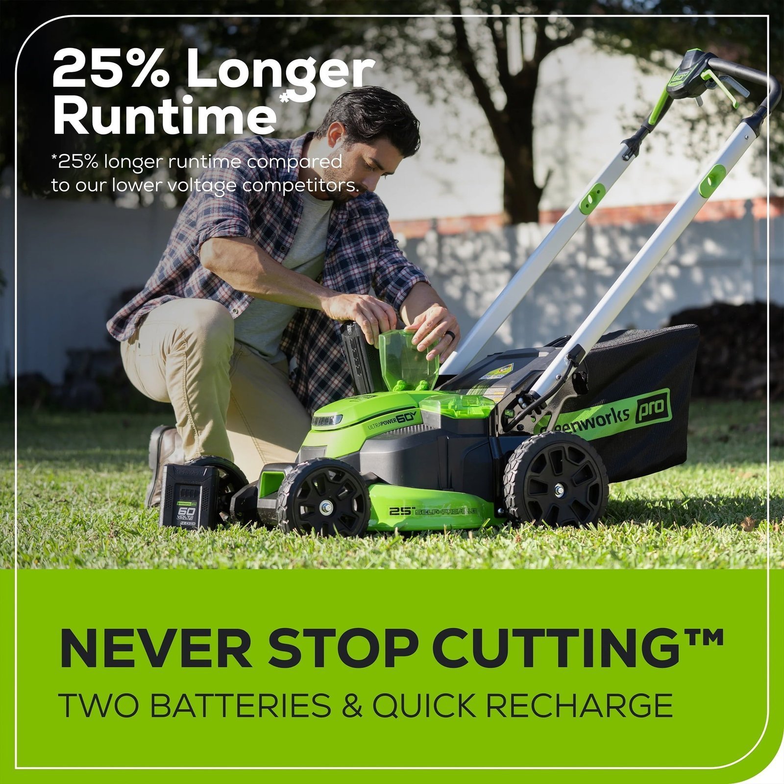 Greenworks 60V 25" Cordless Brushless Self-Propelled Mower + Two (2) 4.0Ah Batteries & Dual Port Charger