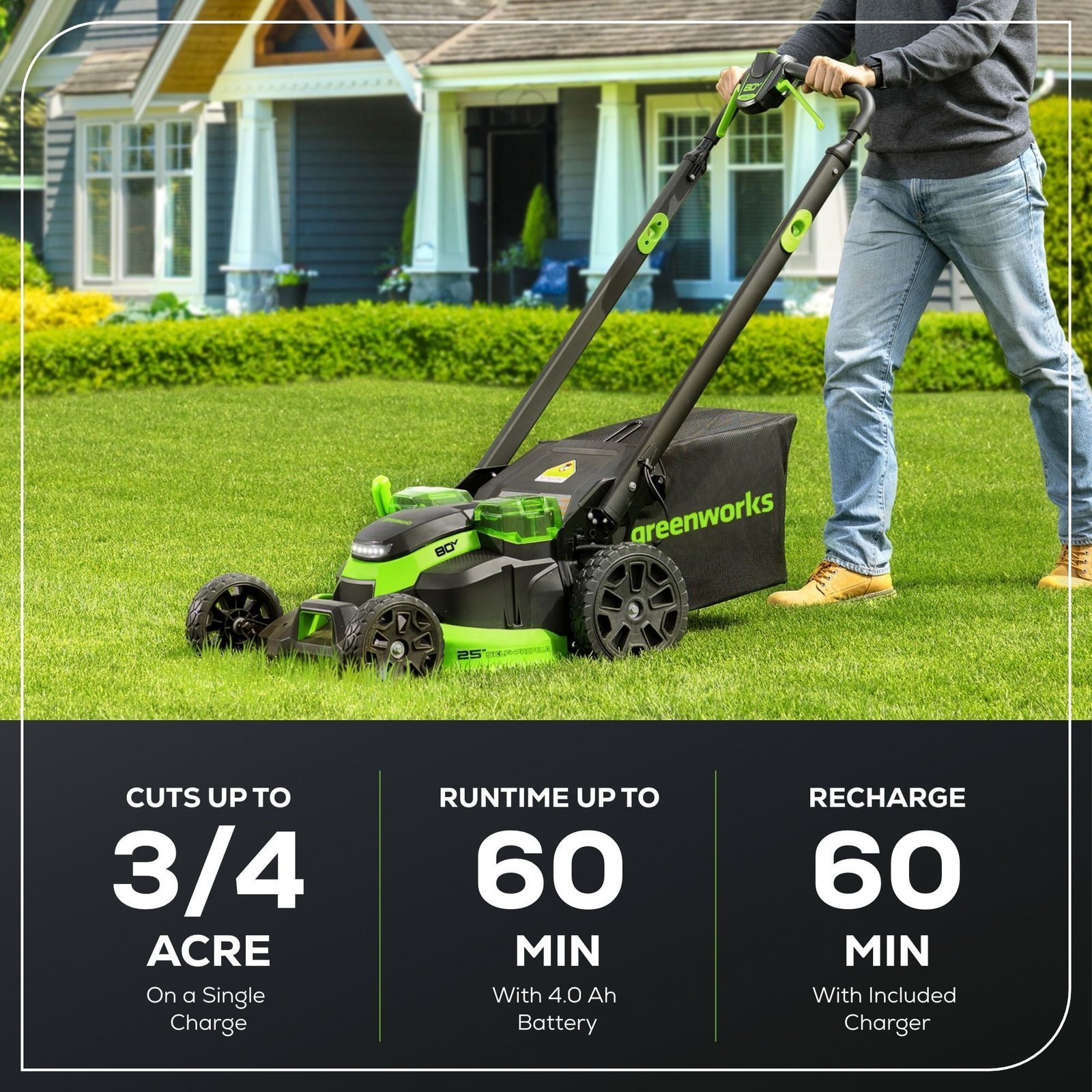 Greenworks 80V 25" Brushless Cordless Self-Propelled Lawn Mower,3 in 1 Dual Blade LawnMover, W/4.0Ah Battery and Rapid Charger Included