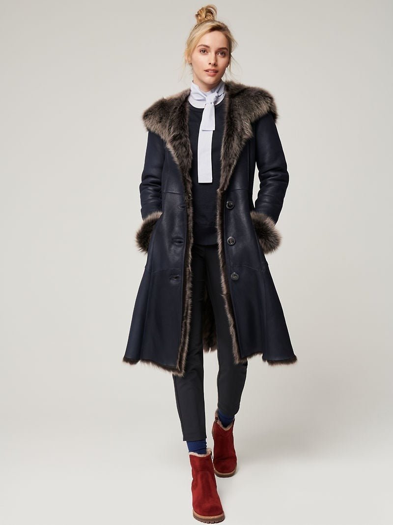 Theodora Hooded Navy Toscana Sheepskin Coat