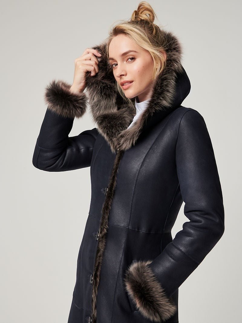 Theodora Hooded Navy Toscana Sheepskin Coat