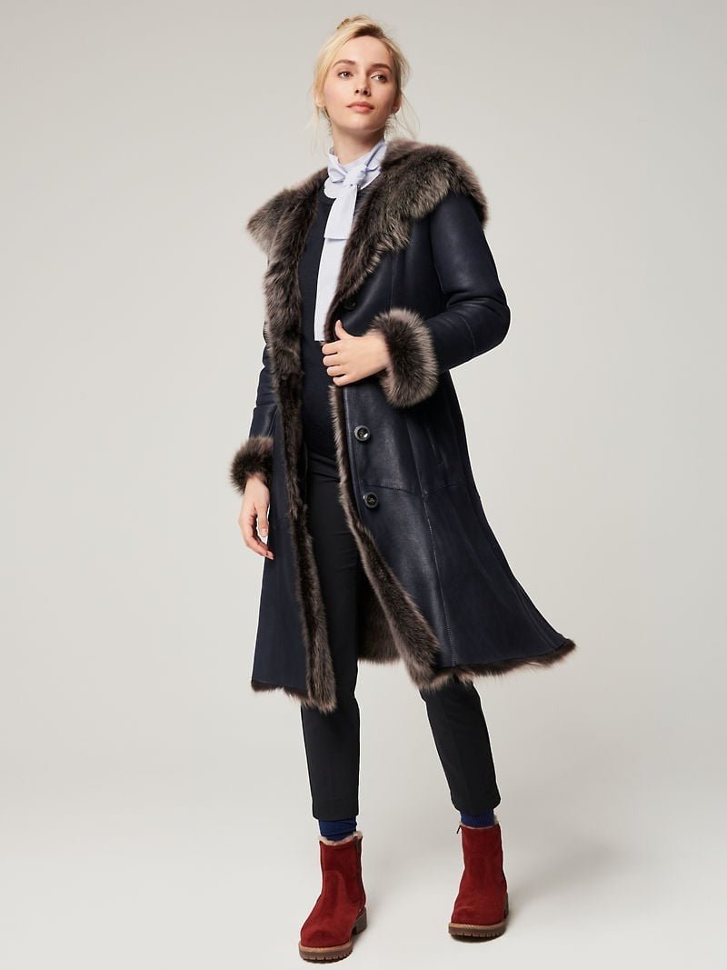 Theodora Hooded Navy Toscana Sheepskin Coat