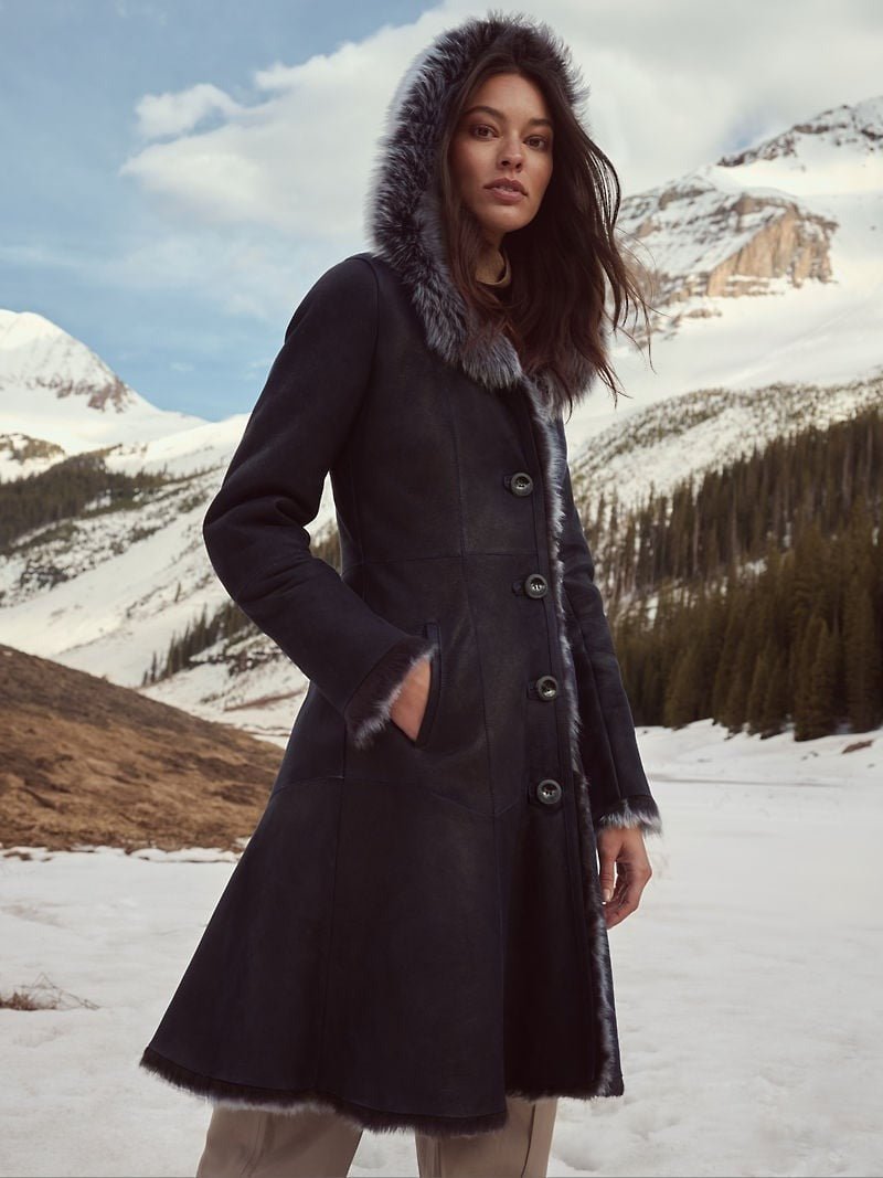 Theodora Hooded Navy Toscana Sheepskin Coat