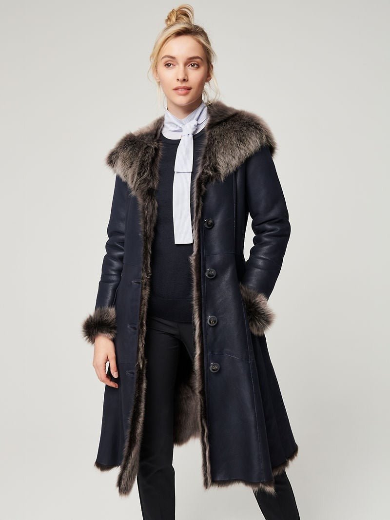 Theodora Hooded Navy Toscana Sheepskin Coat